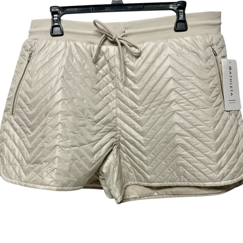 ATHLETA Apres Quilted DOWN Ski Shorts Zip Pockets Size 14 Cream